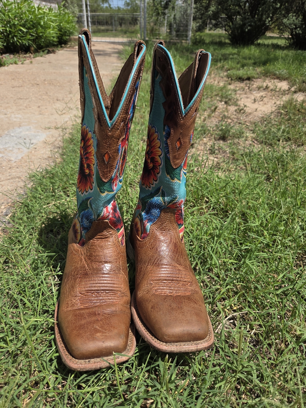 Ariat Brown Leather Wide Square Toe Boots with Turquoise Floral Shaft - Picture 9 of 14